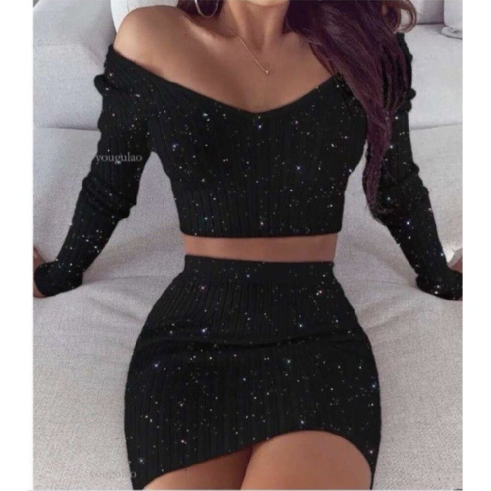 CBR S Small Black Silver Long Sleeve Top & Mini Skirt Grunge Goth Y2K NEW